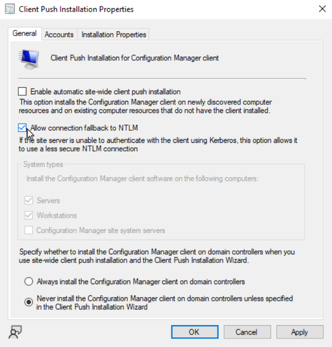 Enabling Allow Connection fallback to NTLM